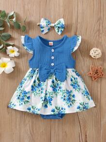 Schattig Bloemen Baby-jurk Knoop Rimpeling Strik Vooraan
