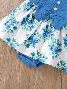 Schattig Bloemen Baby-jurk Knoop Rimpeling Strik Vooraan
