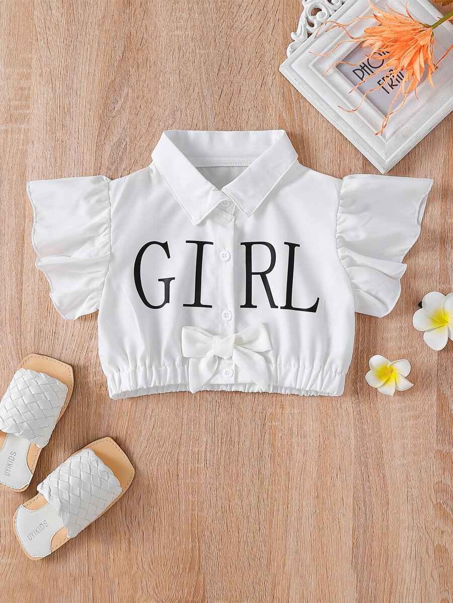 Toddler Girls Letter Graphic Ruffle Trim Bow Front Blouse - White - View 1
