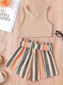 Fille Top sans manches & à rayures Short ceinturé