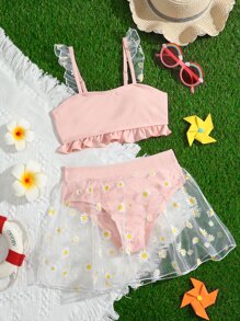 Tween Girl Ruffle Hem Bikini Set & Daisy Print Beach Skirt Summer Beach - Coral Pink - View 1