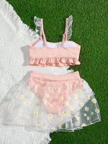 Tween Girl Ruffle Hem Bikini Set & Daisy Print Beach Skirt Summer Beach - Coral Pink - View 2