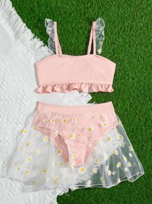 Tween Girl Ruffle Hem Bikini Set & Daisy Print Beach Skirt Summer Beach - Coral Pink - View 3