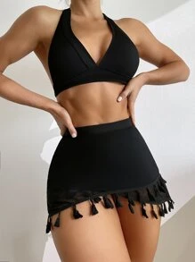 Bộ 3 bộ bikini hở lưng trơn & váy đi biển trang trí tua rua, cho kỳ nghỉ hè - màu đen - Xem 1