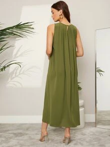 SHEIN VCAY Keyhole Back Pleated Detail Tunic Dress - Olive Green - View 2