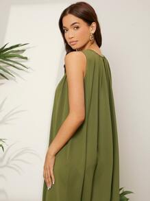 SHEIN VCAY Keyhole Back Pleated Detail Tunic Dress - Olive Green - View 4