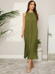 SHEIN VCAY Keyhole Back Pleated Detail Tunic Dress - Olive Green - View 5