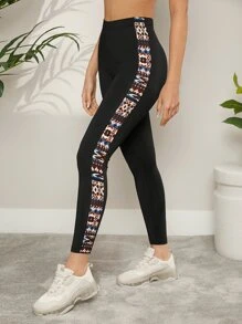 SHEIN LUNE Contrast Geo Print Side Seam Leggings - Black - View 1