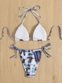 扎染吊带三角比基尼套装，适合夏日海滩度假 - 藍白色 - 查看 2