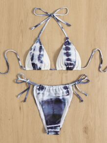 扎染吊带三角比基尼套装，适合夏日海滩度假 - 藍白色 - 查看 3