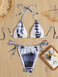 扎染吊带三角比基尼套装，适合夏日海滩度假 - 藍白色 - 查看 5