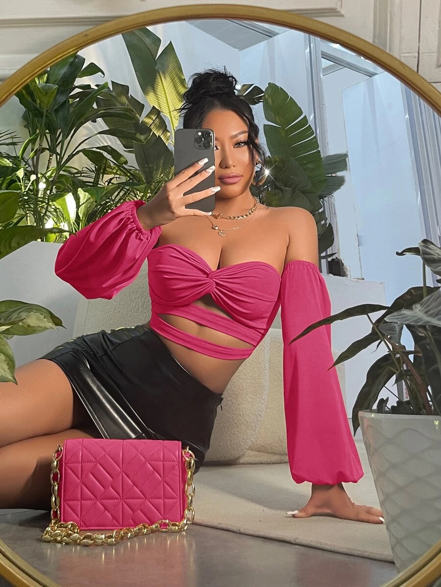 SHEIN SXY Off Shoulder Twist Front Cut Out Crop Top - Hot Pink - View 1