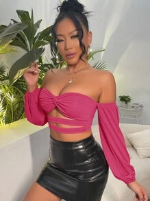 SHEIN SXY Off Shoulder Twist Front Cut Out Crop Top - Hot Pink - View 4