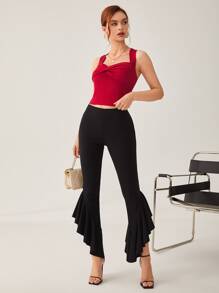 Mulvari 勃艮第红色扭纹前交叉短款吊带背心 - 酒紅色 - 查看 5