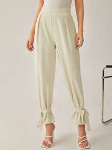 BizChic 高腰下擺打結拼接細節長褲工作服 - 米色 - 查看 1