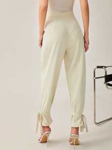 BizChic 高腰下擺打結拼接細節長褲工作服 - 米色 - 查看 2
