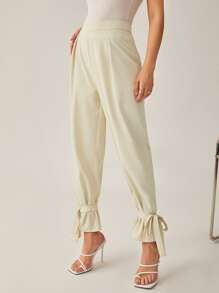 BizChic 高腰下擺打結拼接細節長褲工作服 - 米色 - 查看 3