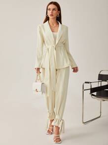 BizChic 高腰下擺打結拼接細節長褲工作服 - 米色 - 查看 5