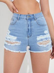 SHEIN Essnce Ripped Frayed Raw Hem Denim Shorts - Light Wash - View 4