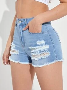 SHEIN Essnce Ripped Frayed Raw Hem Denim Shorts - Light Wash - View 5