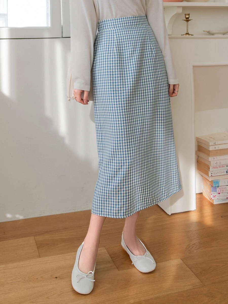 DAZY High Waist Gingham Split Back Skirt - Blue and White - View 1