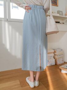 DAZY High Waist Gingham Split Back Skirt - Blue and White - View 2
