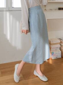 DAZY High Waist Gingham Split Back Skirt - Blue and White - View 3