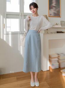 DAZY High Waist Gingham Split Back Skirt - Blue and White - View 4