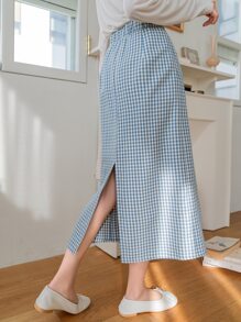 DAZY High Waist Gingham Split Back Skirt - Blue and White - View 5