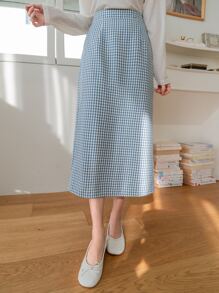 DAZY High Waist Gingham Split Back Skirt - Blue and White - View 6