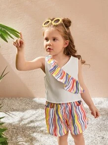 SHEIN Toddler Girls Colourful Striped Ruffle Trim Tank Top & Shorts - Multicolor - View 1