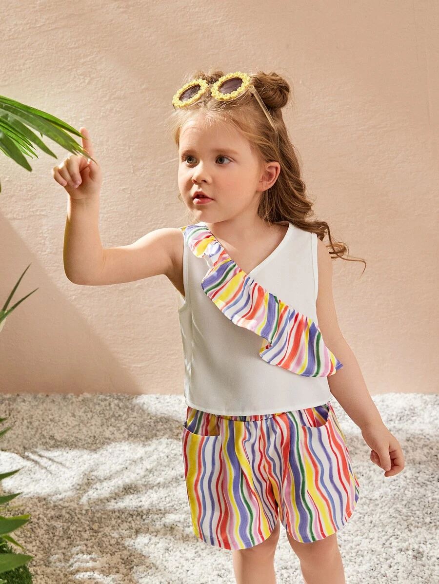 SHEIN Toddler Girls Colourful Striped Ruffle Trim Tank Top & Shorts - Multicolor - View 1