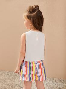 SHEIN Toddler Girls Colourful Striped Ruffle Trim Tank Top & Shorts - Multicolor - View 3