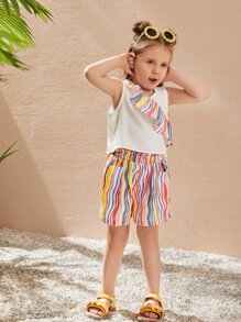 SHEIN Toddler Girls Colourful Striped Ruffle Trim Tank Top & Shorts - Multicolor - View 4