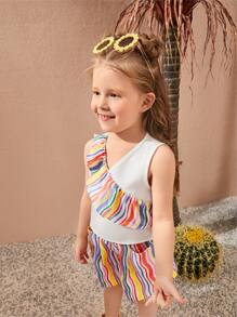 SHEIN Toddler Girls Colourful Striped Ruffle Trim Tank Top & Shorts - Multicolor - View 6