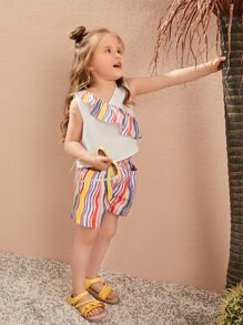 SHEIN Toddler Girls Colourful Striped Ruffle Trim Tank Top & Shorts - Multicolor - View 7