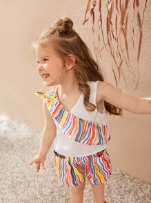 SHEIN Toddler Girls Colourful Striped Ruffle Trim Tank Top & Shorts - Multicolor - View 8