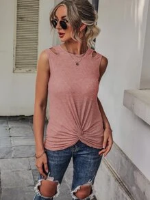 Cut Out Twist Hem Tank Top - Dusty Pink - View 6