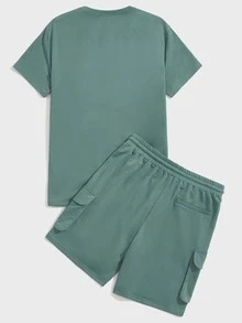 Manfinity Bộ hai mảnh Nam Dây kéo Túi Khối Màu Lá thư Giải trí - Màu xanh Bạc hà - Xem 2