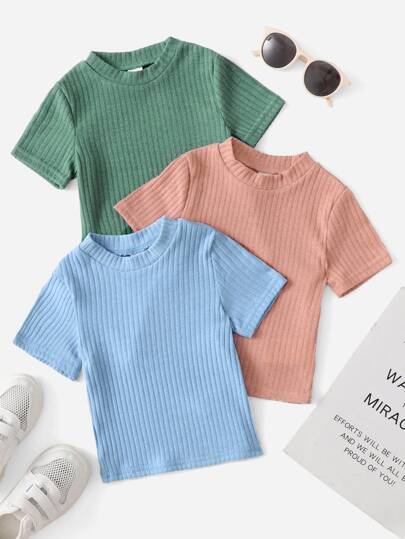 SHEIN Young Girl Toddler Girls 3pcs Solid Ribbed Knit Tee