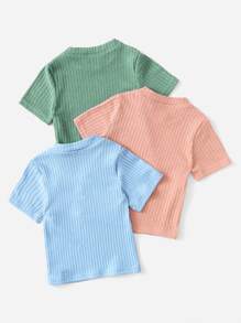 SHEIN Young Girl Toddler Girls 3pcs Solid Ribbed Knit Tee - Multicolor - View 2