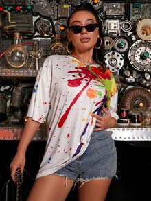 SHEIN SXY 噴漆印花落肩T恤 - 白色 - 查看 7
