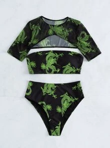3 gói Bikini cạp cao in hình rồng & áo che chắn - Nhiều màu - Xem 5