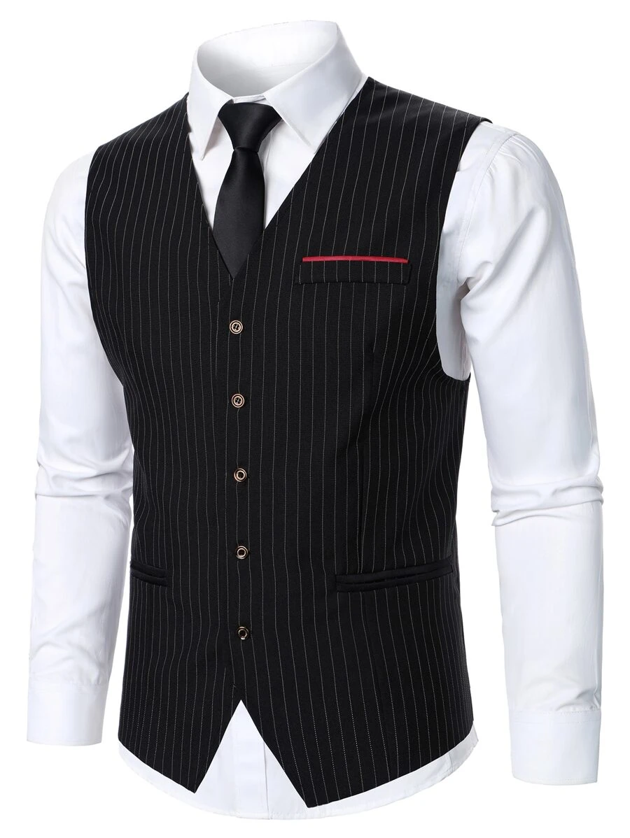 Manfinity Mode Men 1pc Vertical Striped Waistcoat - Black - View 1
