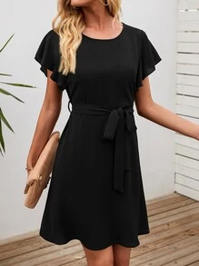 SHEIN LUNE Solid Butterfly Sleeve Belted Tunic Dress - Black - View 1