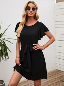 SHEIN LUNE Solid Butterfly Sleeve Belted Tunic Dress - Black - View 3