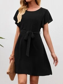 SHEIN LUNE Solid Butterfly Sleeve Belted Tunic Dress - Black - View 5