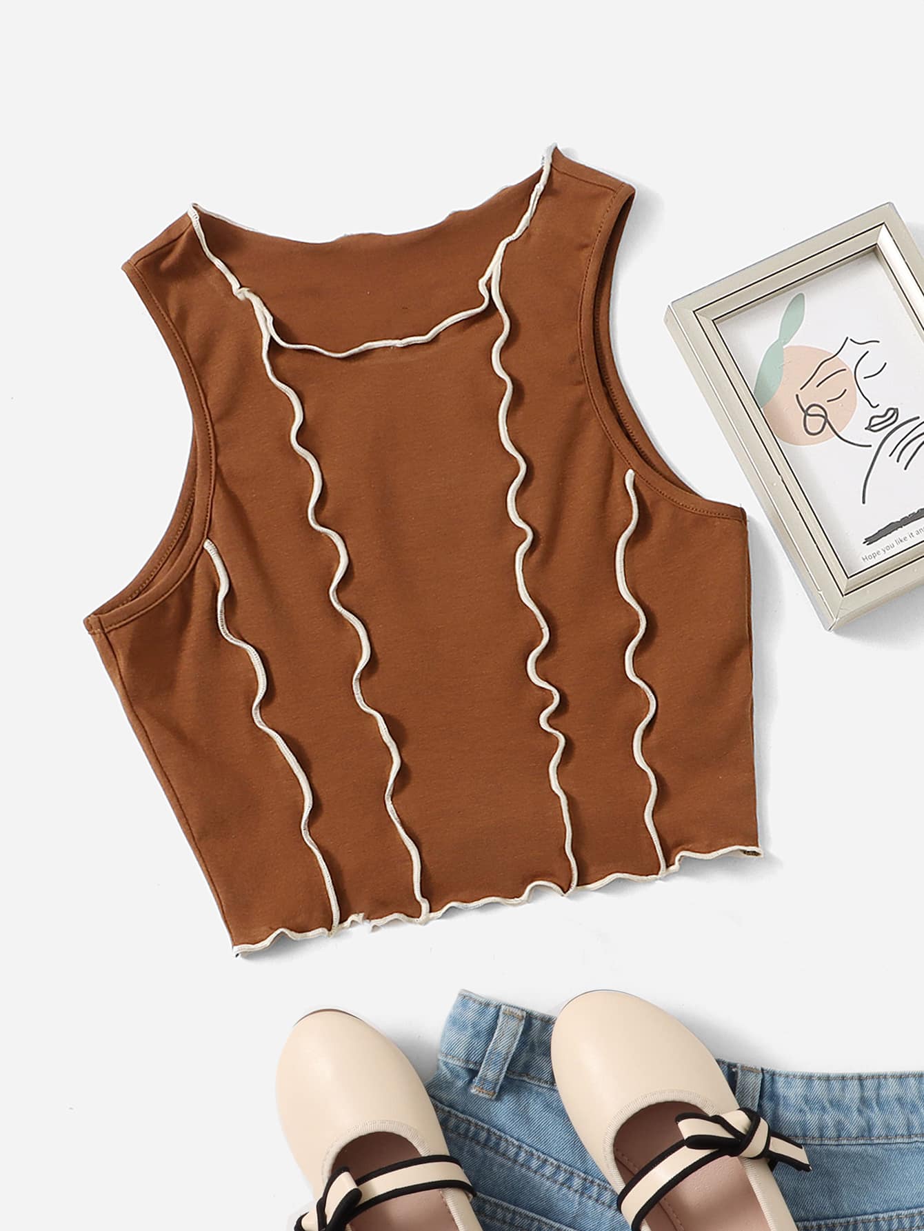 SHEIN Tank Tops & Camis Bé Gái Xù nhỏ màu trơn Giải trí - màu nâu - Xem 1