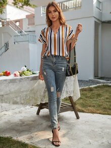 Colourful Striped Dolman Sleeve Blouse - Multicolor - View 7