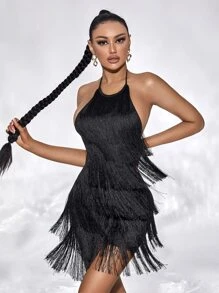 SHEIN SXY Layered Fringe Trim Tie Backless Halter Summer Beach Dress,Prom Dress,Tea Party Dress,Summer Dresses For Women - Black - View 3